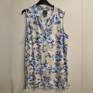 JH Women's Dress Size 18 Tan Blue Floral Print Rayon Linen VNeck 1/2 Button Down
